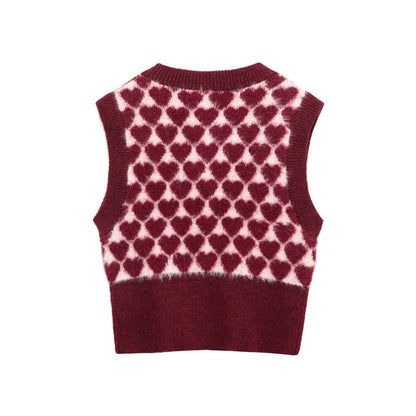 Fashionable heart - shaped pattern jacquard round neck knitted vest - FashionTech