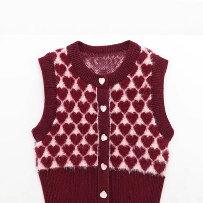 Fashionable heart - shaped pattern jacquard round neck knitted vest - FashionTech