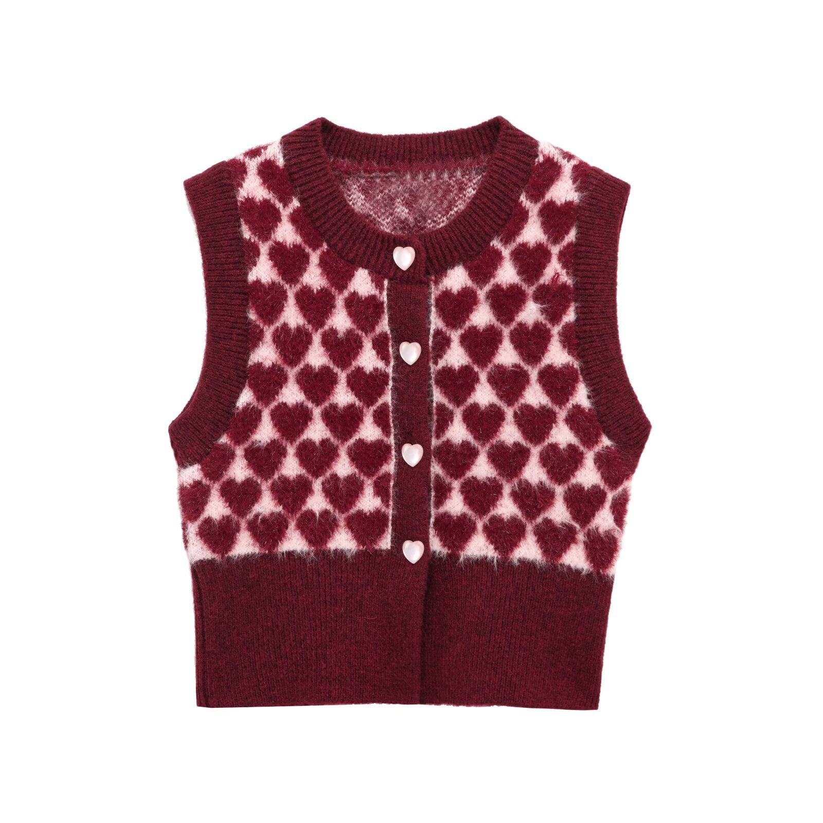 Fashionable heart - shaped pattern jacquard round neck knitted vest - FashionTech