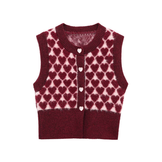 Fashionable heart - shaped pattern jacquard round neck knitted vest - FashionTech