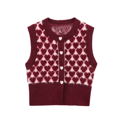 Fashionable heart - shaped pattern jacquard round neck knitted vest - FashionTech