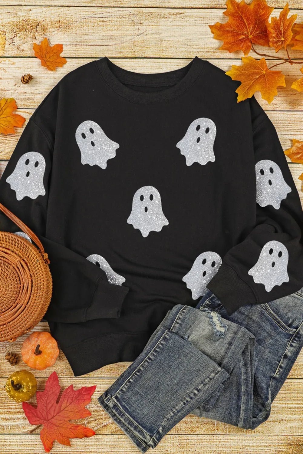 Glitter Round Neck Long Sleeve Sweatshirt - FashionTech