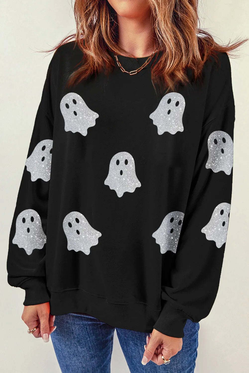 Glitter Round Neck Long Sleeve Sweatshirt - FashionTech