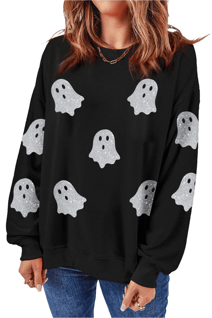 Glitter Round Neck Long Sleeve Sweatshirt - FashionTech