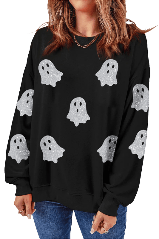 Glitter Round Neck Long Sleeve Sweatshirt - FashionTech