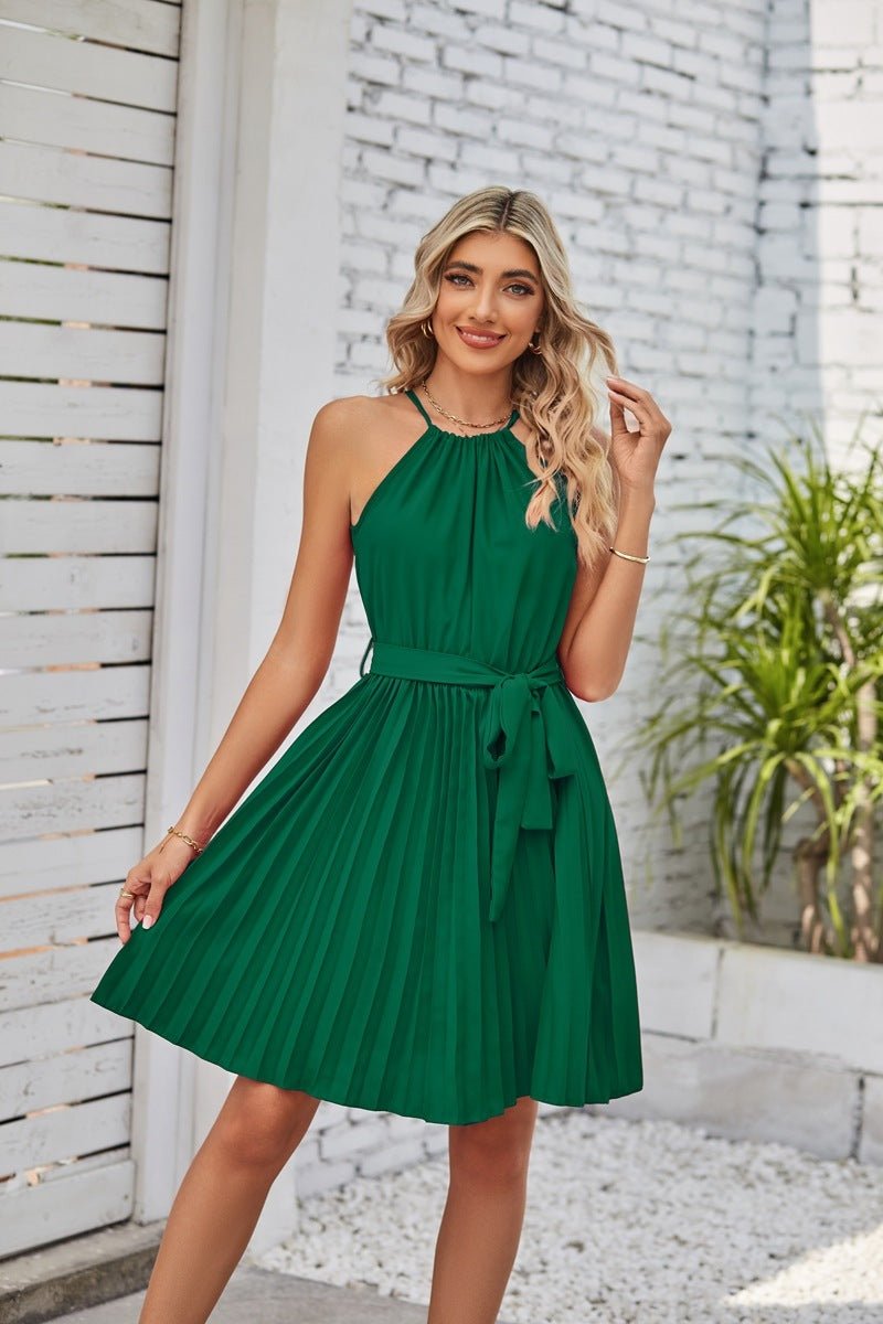 Halter Strapless Dresses For Women Solid Pleated Skirt Summer Beach Sundress - FashionTech
