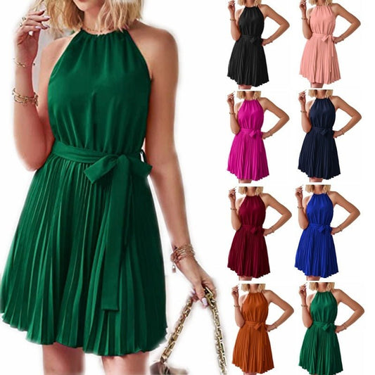 Halter Strapless Dresses For Women Solid Pleated Skirt Summer Beach Sundress - FashionTech