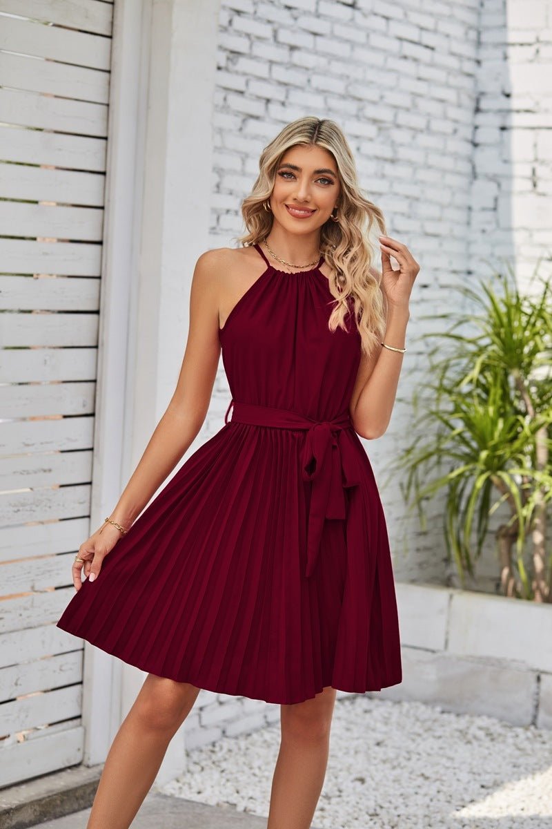 Halter Strapless Dresses For Women Solid Pleated Skirt Summer Beach Sundress - FashionTech
