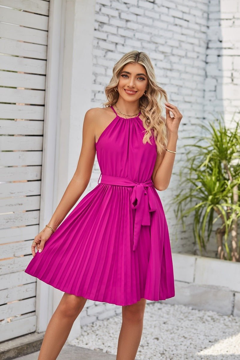 Halter Strapless Dresses For Women Solid Pleated Skirt Summer Beach Sundress - FashionTech