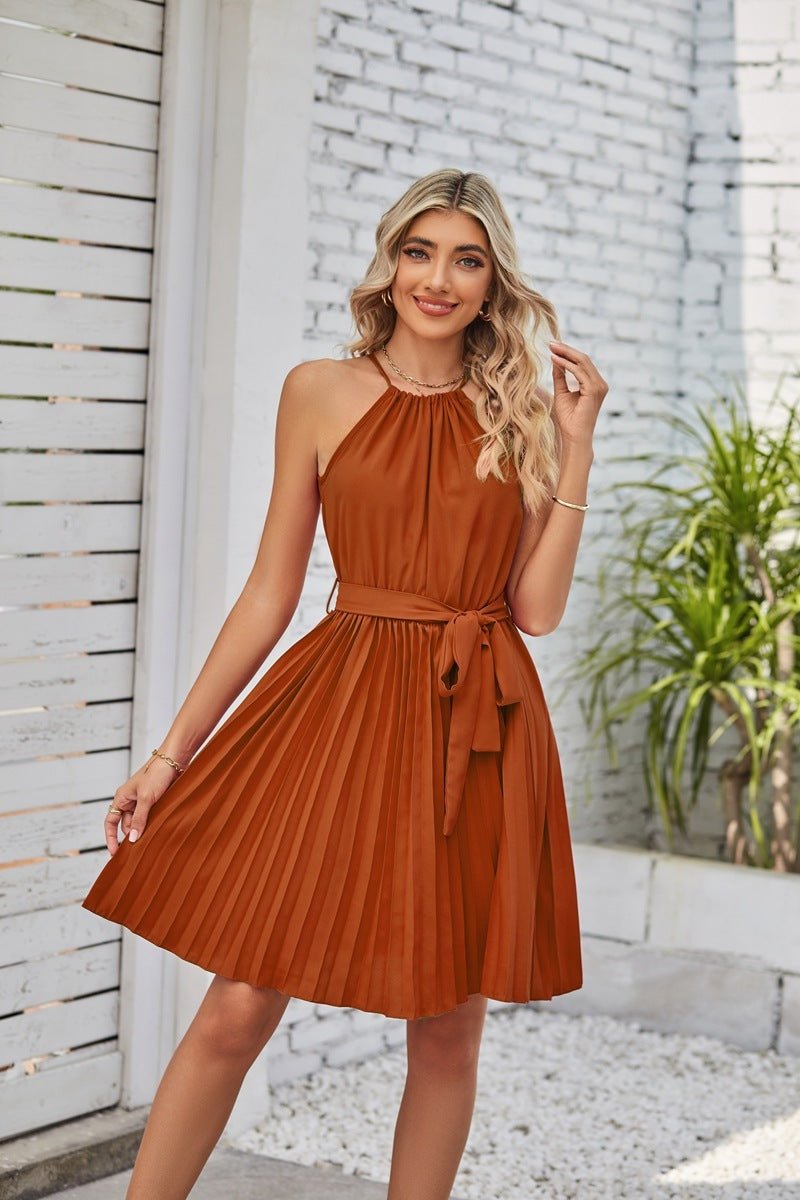 Halter Strapless Dresses For Women Solid Pleated Skirt Summer Beach Sundress - FashionTech