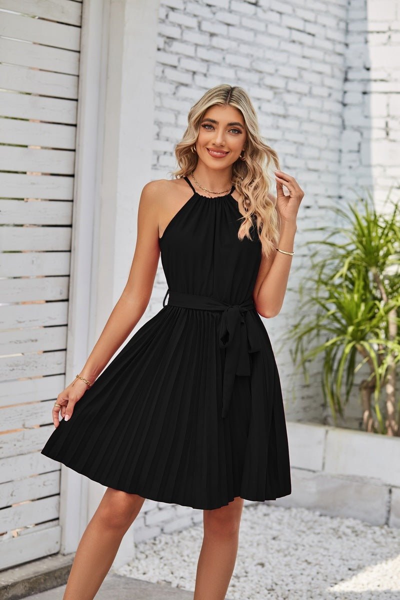 Halter Strapless Dresses For Women Solid Pleated Skirt Summer Beach Sundress - FashionTech