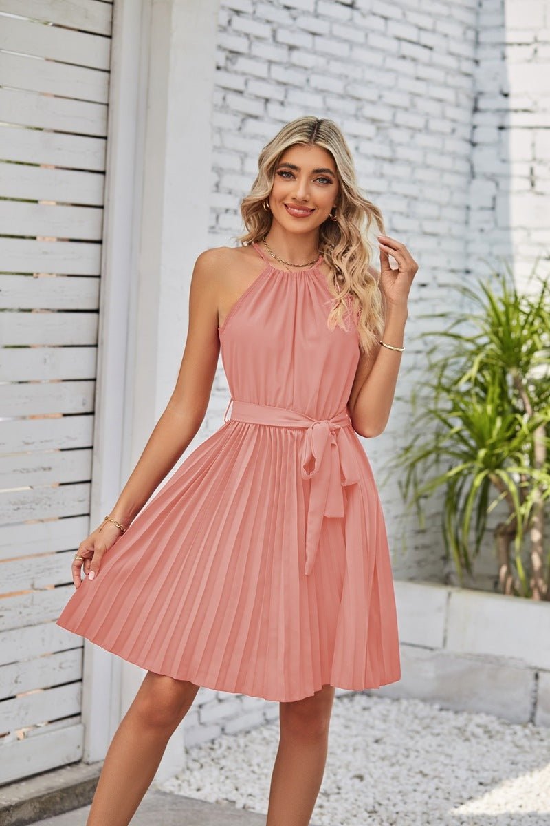 Halter Strapless Dresses For Women Solid Pleated Skirt Summer Beach Sundress - FashionTech
