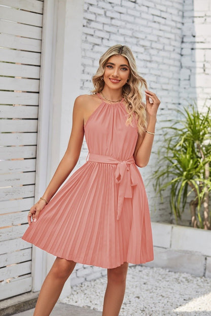 Halter Strapless Dresses For Women Solid Pleated Skirt Summer Beach Sundress - FashionTech