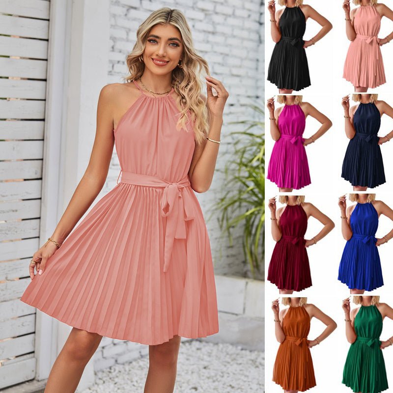 Halter Strapless Dresses For Women Solid Pleated Skirt Summer Beach Sundress - FashionTech