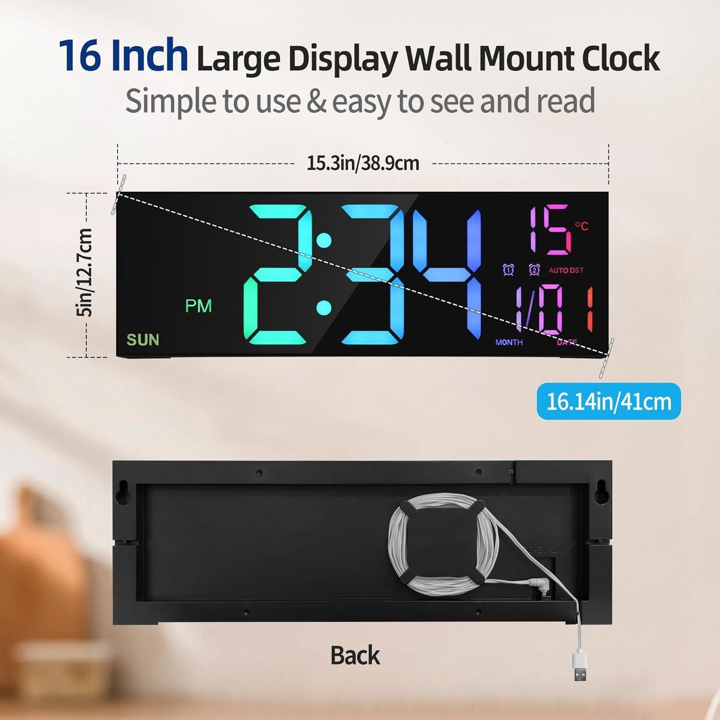 Large Digital Wall Clock with Remote Control Big LED/Dual Alarm/8 RGB Colors Digital Alarm Clock Electronic Watch - FashionTech