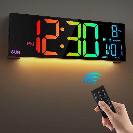 Large Digital Wall Clock with Remote Control Big LED/Dual Alarm/8 RGB Colors Digital Alarm Clock Electronic Watch - FashionTech