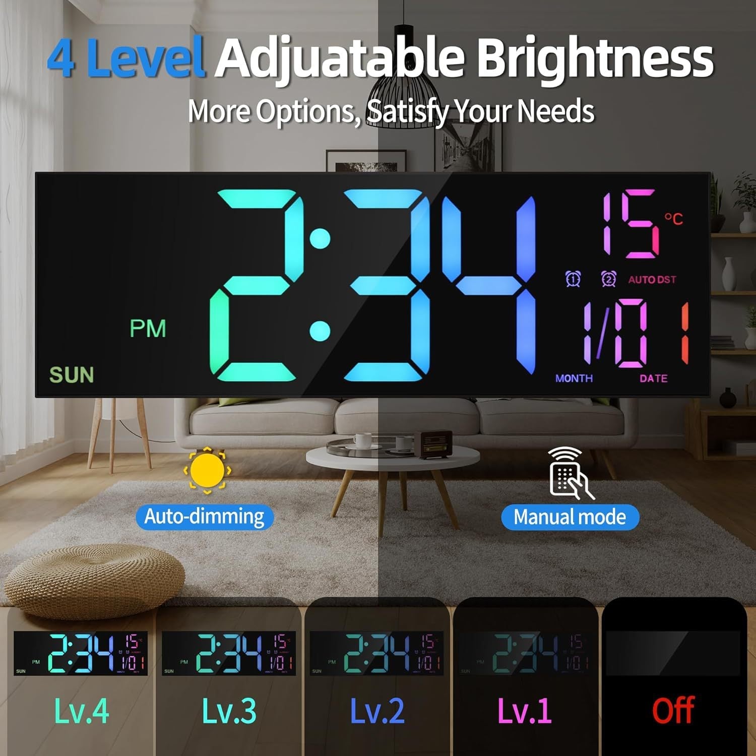 Large Digital Wall Clock with Remote Control Big LED/Dual Alarm/8 RGB Colors Digital Alarm Clock Electronic Watch - FashionTech