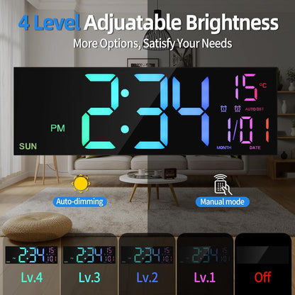 Large Digital Wall Clock with Remote Control Big LED/Dual Alarm/8 RGB Colors Digital Alarm Clock Electronic Watch - FashionTech