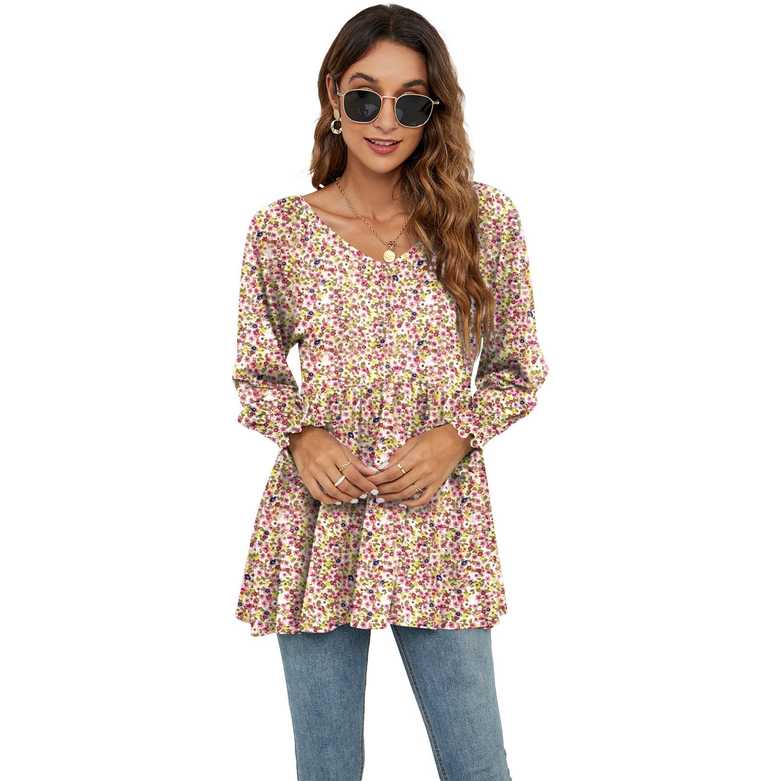 Long Puff Sleeve Tops Women Flowers Print Casual V - Neck Blouse T-Shirts Babydoll Tops - FashionTech