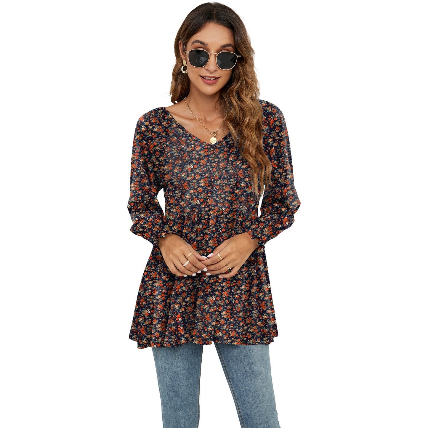 Long Puff Sleeve Tops Women Flowers Print Casual V - Neck Blouse T-Shirts Babydoll Tops - FashionTech