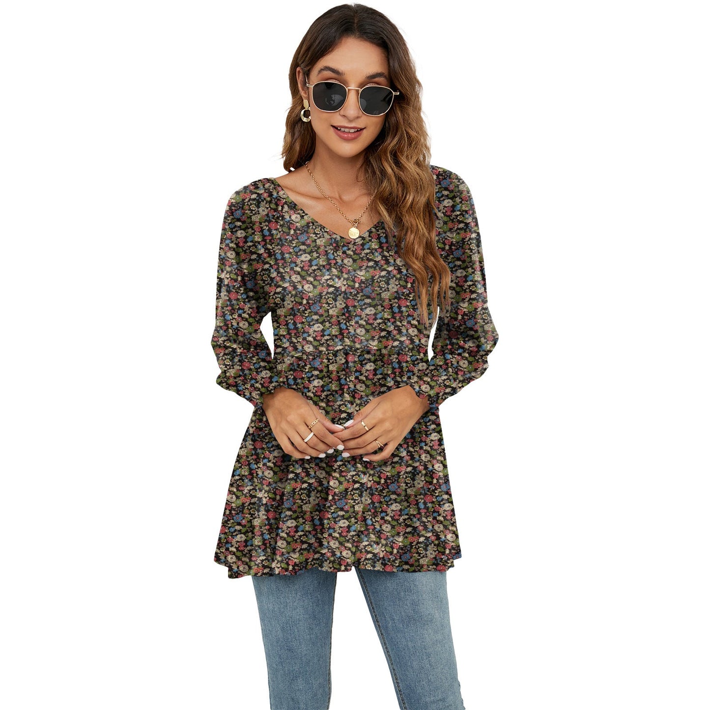 Long Puff Sleeve Tops Women Flowers Print Casual V - Neck Blouse T-Shirts Babydoll Tops - FashionTech