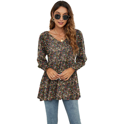 Long Puff Sleeve Tops Women Flowers Print Casual V - Neck Blouse T-Shirts Babydoll Tops - FashionTech
