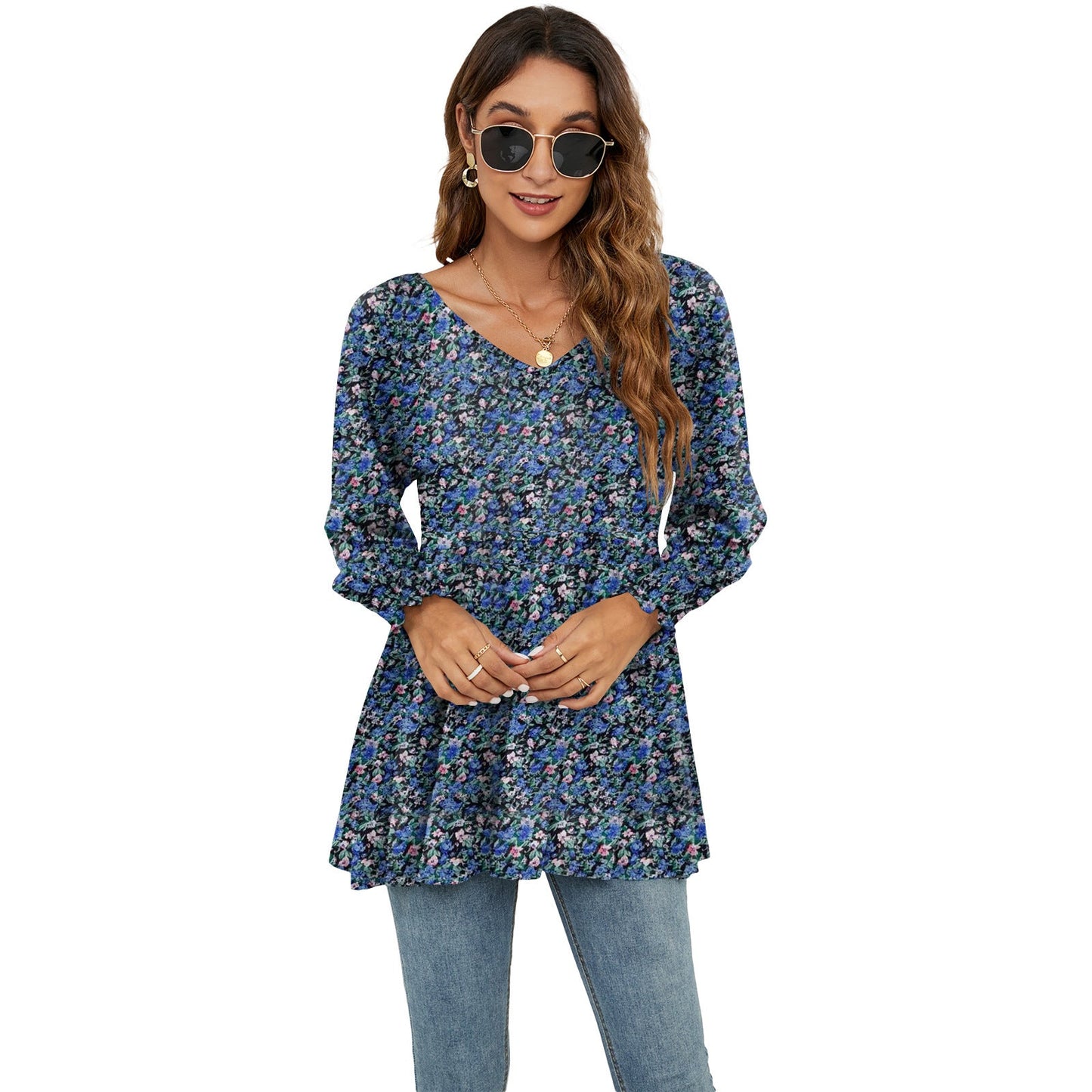 Long Puff Sleeve Tops Women Flowers Print Casual V - Neck Blouse T-Shirts Babydoll Tops - FashionTech