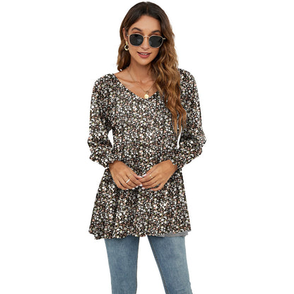 Long Puff Sleeve Tops Women Flowers Print Casual V - Neck Blouse T-Shirts Babydoll Tops - FashionTech