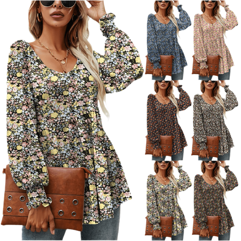 Long Puff Sleeve Tops Women Flowers Print Casual V - Neck Blouse T-Shirts Babydoll Tops - FashionTech