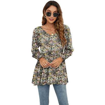 Long Puff Sleeve Tops Women Flowers Print Casual V - Neck Blouse T-Shirts Babydoll Tops - FashionTech