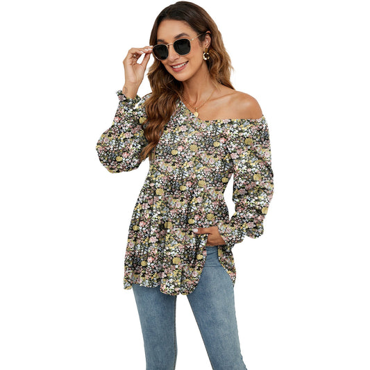 Long Puff Sleeve Tops Women Flowers Print Casual V - Neck Blouse T-Shirts Babydoll Tops - FashionTech