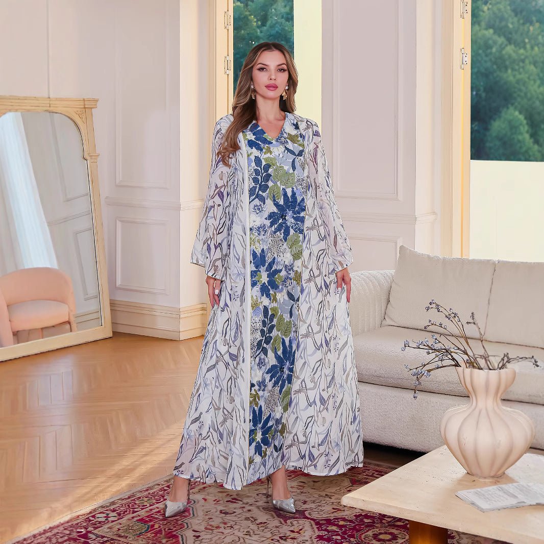 Muslim Women's Arab Clothing Dress with Print and Sequins - FashionTech