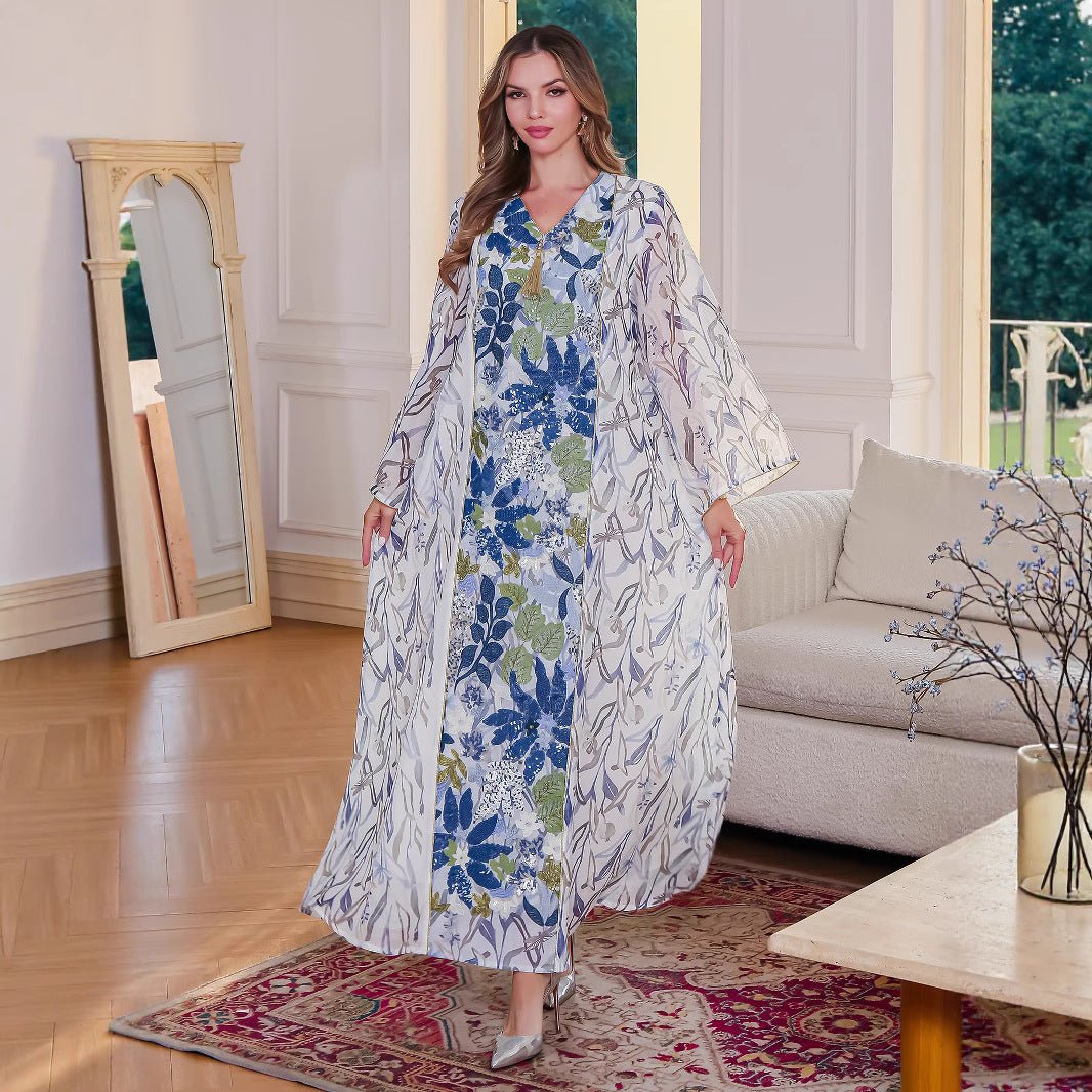 Muslim Women's Arab Clothing Dress with Print and Sequins - FashionTech