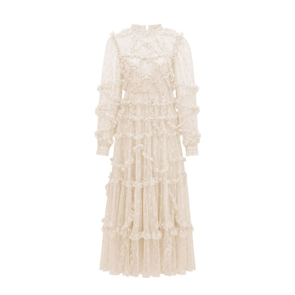 Netted Embroidered Lace Trim Dress Elegant Basic Fairy Dress Evening Banquet Formal Wear Women's Clothing - FashionTech