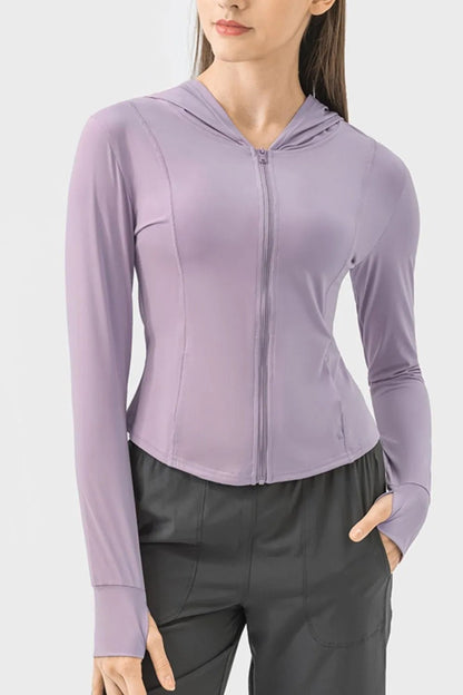 Pocketed Zip Up Hooded Long Sleeve Active Outerwear - FashionTech