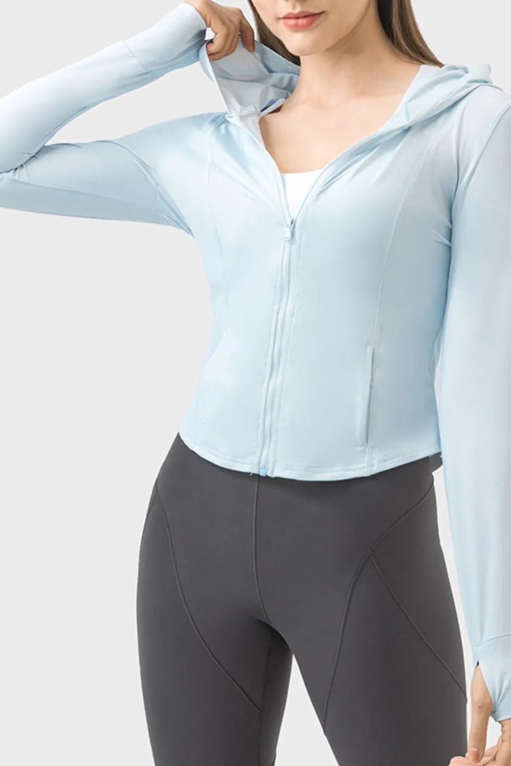 Pocketed Zip Up Hooded Long Sleeve Active Outerwear - FashionTech