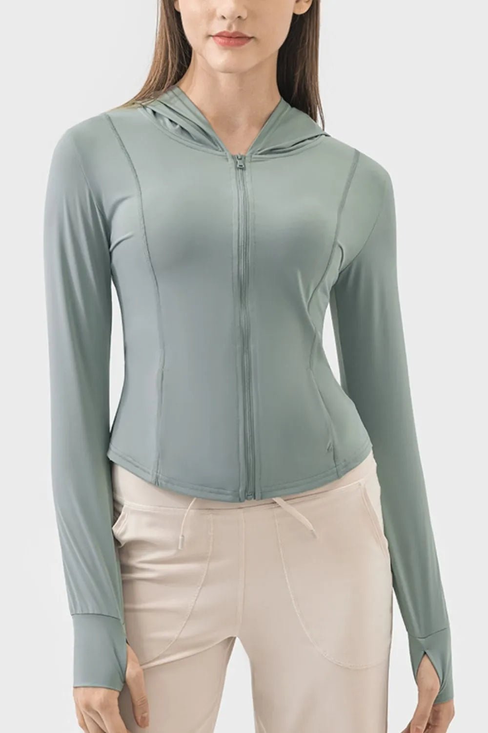 Pocketed Zip Up Hooded Long Sleeve Active Outerwear - FashionTech