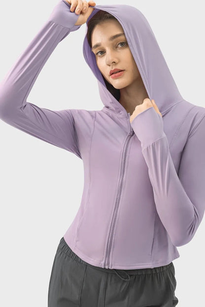 Pocketed Zip Up Hooded Long Sleeve Active Outerwear - FashionTech