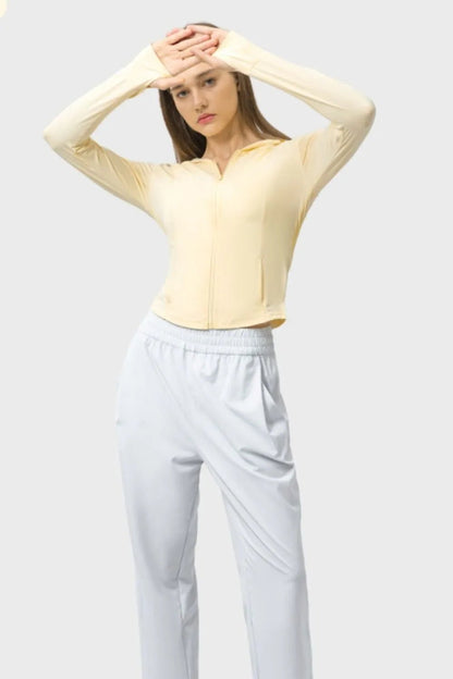Pocketed Zip Up Hooded Long Sleeve Active Outerwear - FashionTech