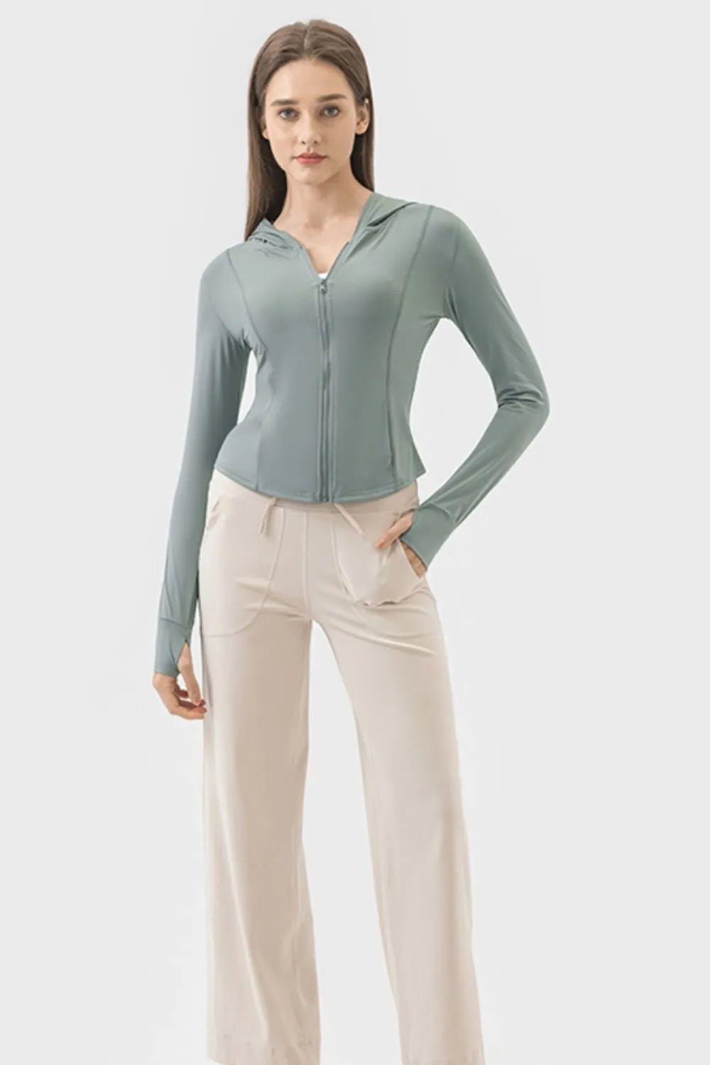 Pocketed Zip Up Hooded Long Sleeve Active Outerwear - FashionTech
