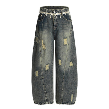 Punk Retro Washed Distressed Denim Wide - Leg Pants Men's Trendy Unique Design Loose Fit Flared Trousers - FashionTech