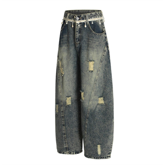 Punk Retro Washed Distressed Denim Wide - Leg Pants Men's Trendy Unique Design Loose Fit Flared Trousers - FashionTech