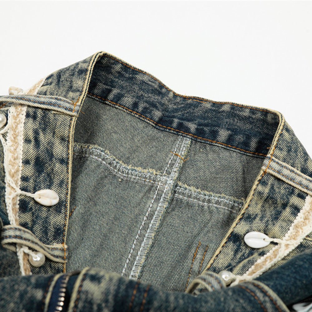 Punk Retro Washed Distressed Denim Wide - Leg Pants Men's Trendy Unique Design Loose Fit Flared Trousers - FashionTech