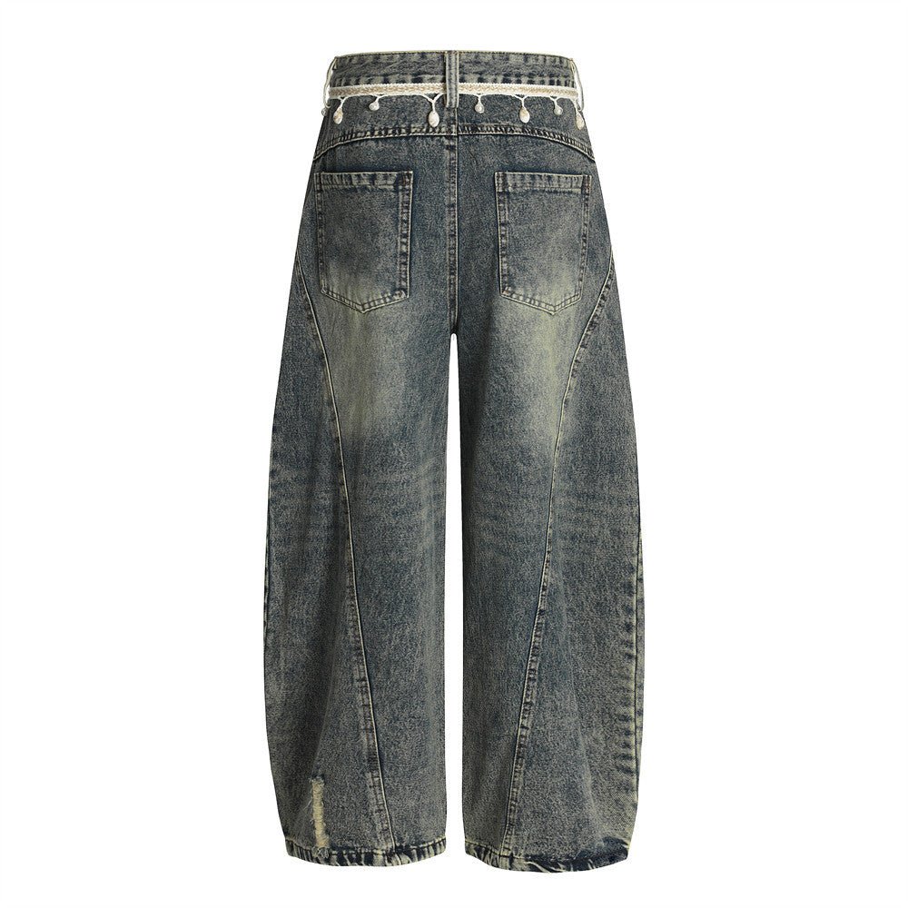 Punk Retro Washed Distressed Denim Wide - Leg Pants Men's Trendy Unique Design Loose Fit Flared Trousers - FashionTech