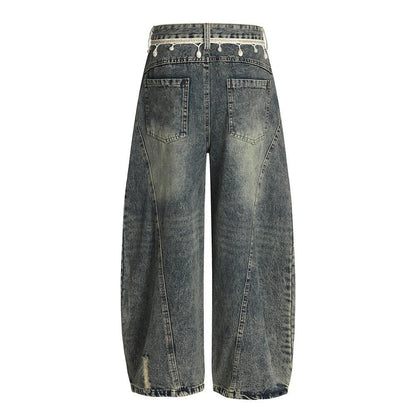 Punk Retro Washed Distressed Denim Wide - Leg Pants Men's Trendy Unique Design Loose Fit Flared Trousers - FashionTech