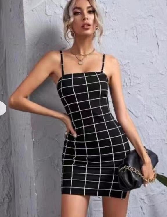 Retro Plaid Sexy Spaghetti Strap Bodycon Mini Dresses Women - FashionTech