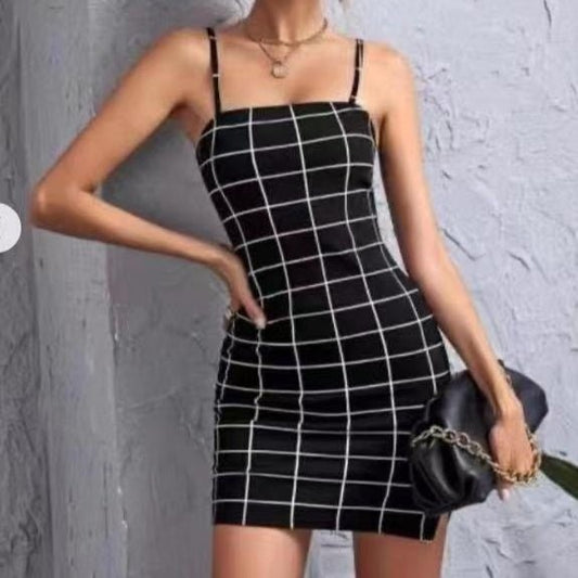 Retro Plaid Sexy Spaghetti Strap Bodycon Mini Dresses Women - FashionTech