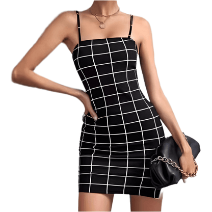 Retro Plaid Sexy Spaghetti Strap Bodycon Mini Dresses Women - FashionTech