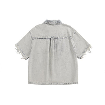Retro washed distressed loose denim short sleeved shirt with rough edges - FashionTech