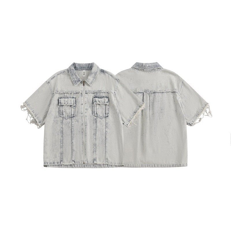 Retro washed distressed loose denim short sleeved shirt with rough edges - FashionTech